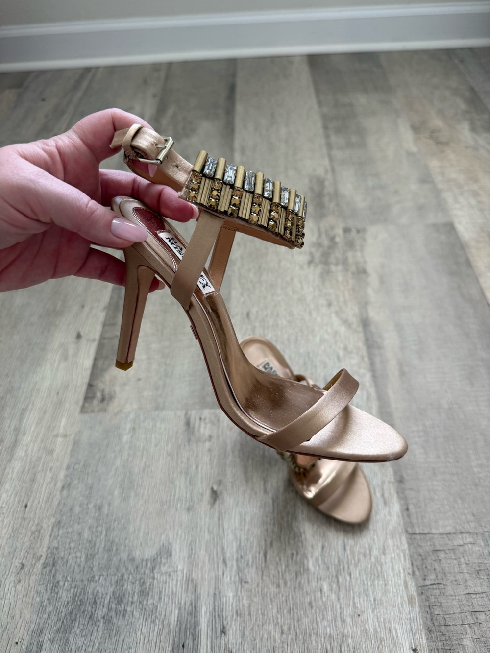 Embellished Satin High Heel Sandal in Rose Gold